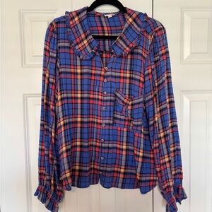 Blue and Red Plaid Button-Up Blouse